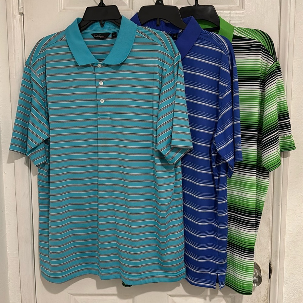 Vintage Brand New Blue white and Green Striped Polo Golf Shirt For Men Size L